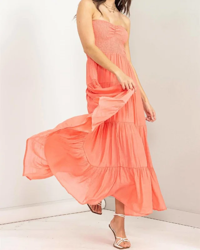 Ladies maxi dress daytime -Summer Strapless Maxi Dress In Coral | Coral