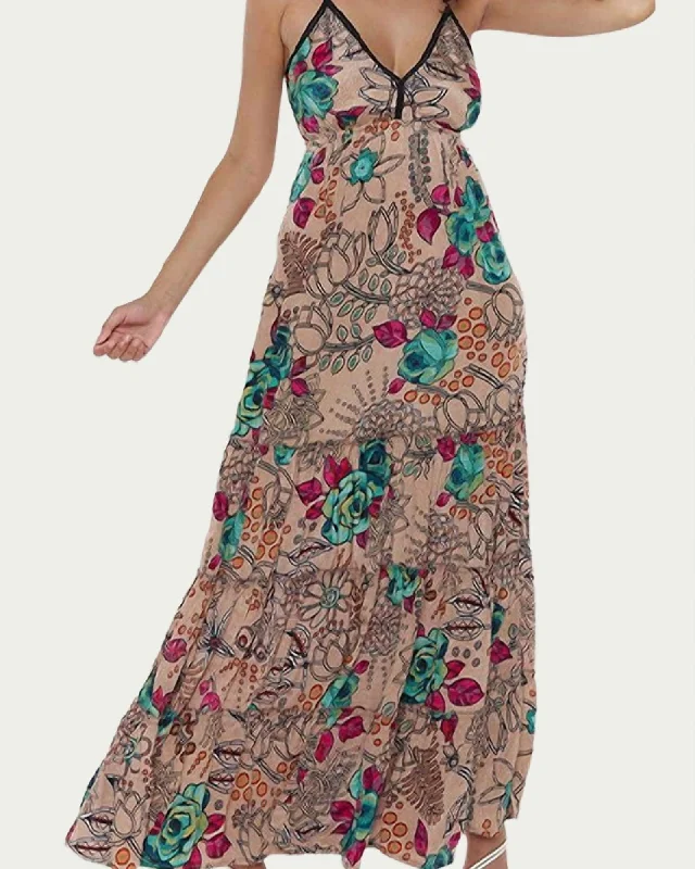 Ladies maxi dress illusion neck -Sapana Tiered Floral-Print Maxi Dress in Beige | Beige