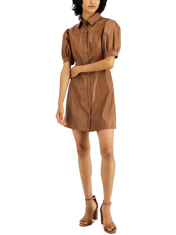 Women's shirt dress sharp lines -Womens Faux Leather Puff Sleeves Shirtdress