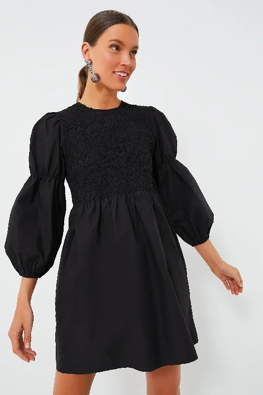 Ladies mini dress glowing -Black Cotton Poplin Mini Smock Dress