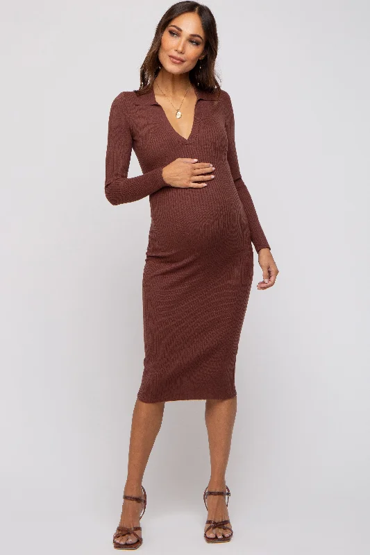 Women's maternity dress printed -Brown Ribbed Knit Fitted Maternity Dress