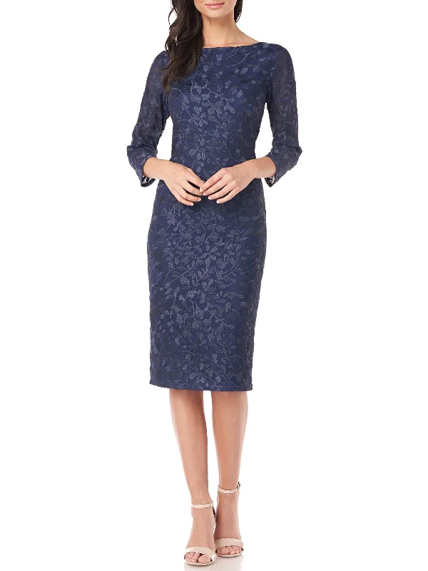 Ladies party dress bell sleeve -Womens Embroidered Three Quarter Sleeves Cocktail and Party Dress