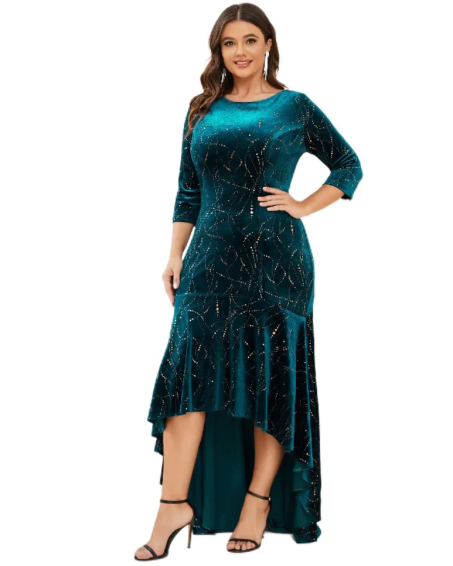 Ladies party dress captivating -Women's Stylish Bodycon High-Low Velvet Party Dress | Teal