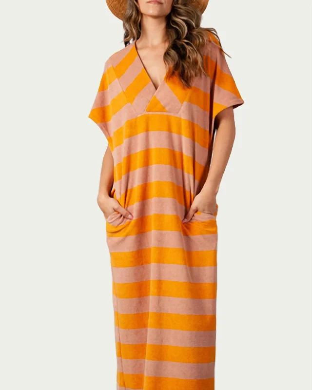 Ladies maxi dress keyhole -Striped Cotton-Terry Maxi Dress in Orange Taupe Stripe | Orange Taupe Stripe