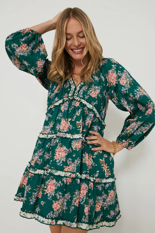 Ladies mini dress floral -Green Floral Tiered Trina Mini Dress