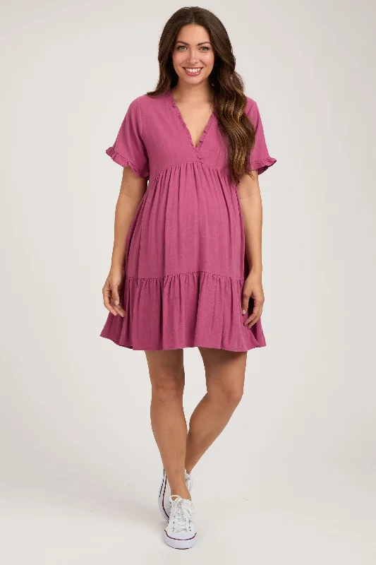 Women's maternity dress sweater style -Mauve Ruffle Hem Maternity Dress