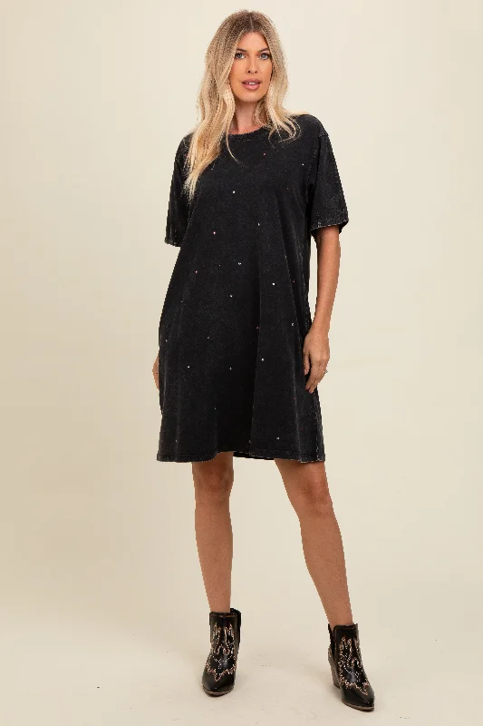 Women's shirt dress workday chic -Black Rhinestone Mineral Washed T-Shirt Dress