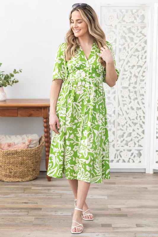 Women's midi dress cultural -Light Green Paisley and Floral Midi Dress