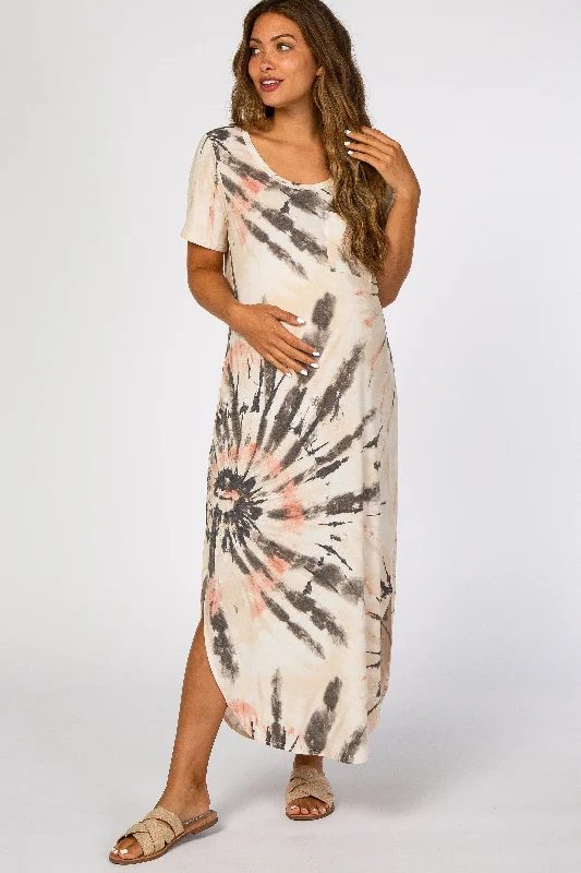 Women's maternity dress comfortable -Cream Tie Dye Curved Hem Maternity Dress