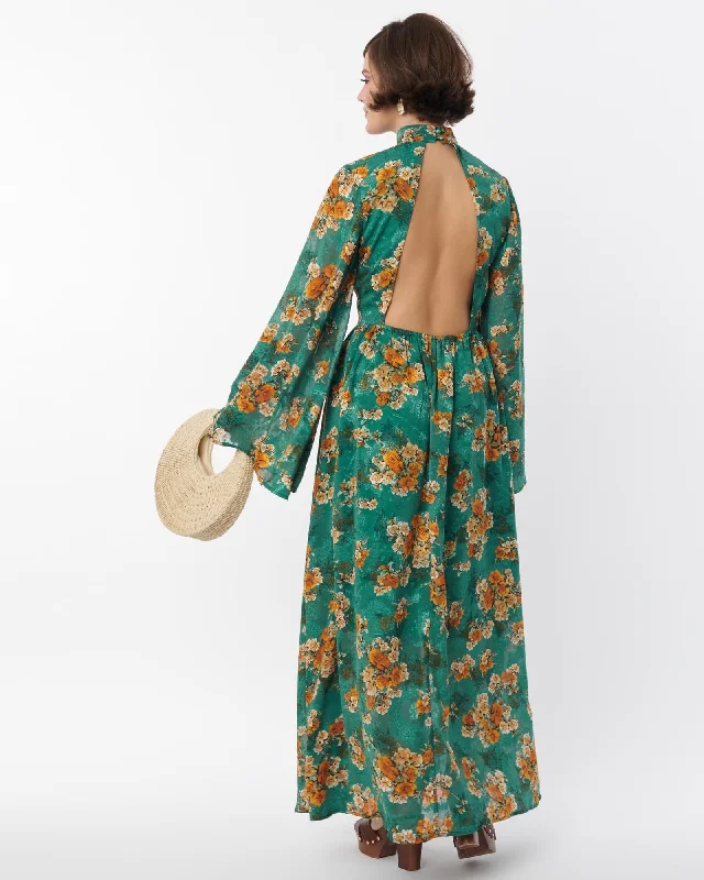 Ladies maxi dress chic -Unique Vintage Green & Orange Floral Bell Sleeve Maxi Dress | Green, Orange, Floral