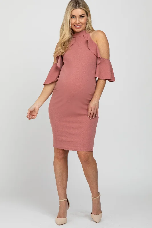 Women's maternity dress fit and flare -Mauve Mock Neck Ruffle Trim Fitted Maternity Dress