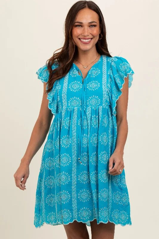 Women's maternity dress maxi -Turquoise Embroidered Flutter Sleeve Maternity Dress