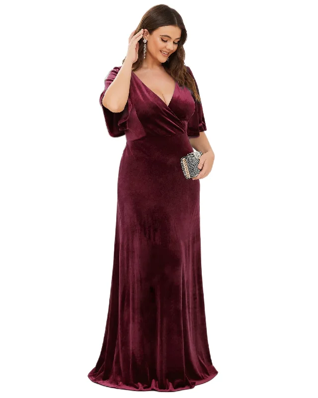 Ladies party dress ivory -Elegant Double V Neck Velvet Party Dress with Sleeves | Burgundy