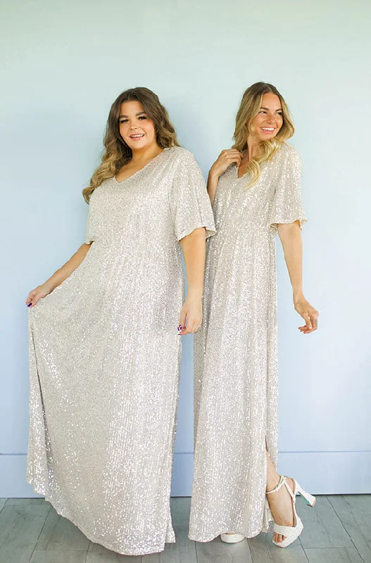 Women's maternity dress drawstring -Daphne Champagne Sequin Gown - DM Exclusive - Maternity Friendly - Restocked