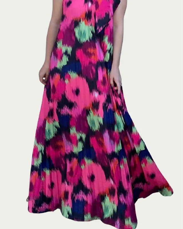 Ladies maxi dress delicate -Poppy Pleated Satin Maxi Dress in Ikat Roses | Ikat Roses