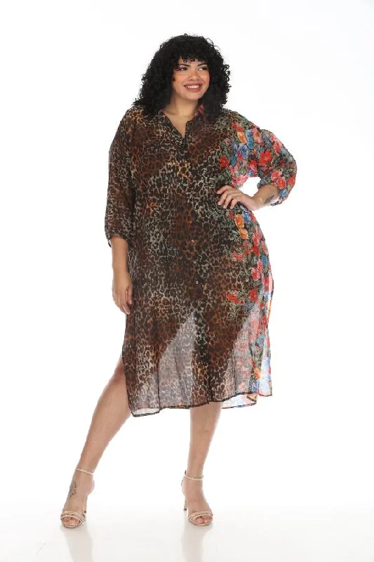 Women's shirt dress lightweight cotton -Johnny Was Cheetah Long Shirt Dress Plus Size CSW2523-HX