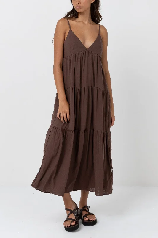 Women's midi dress jewel tone -Classic Tiered Midi Dress Chocolate