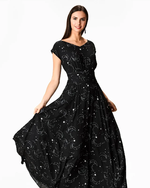 Ladies maxi dress elegant -Night sky print pleated crepe maxi dress | Black