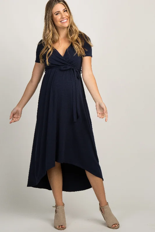 Women's maternity dress zip up -PinkBlush Navy Blue Solid Hi-Low Maternity Wrap Dress