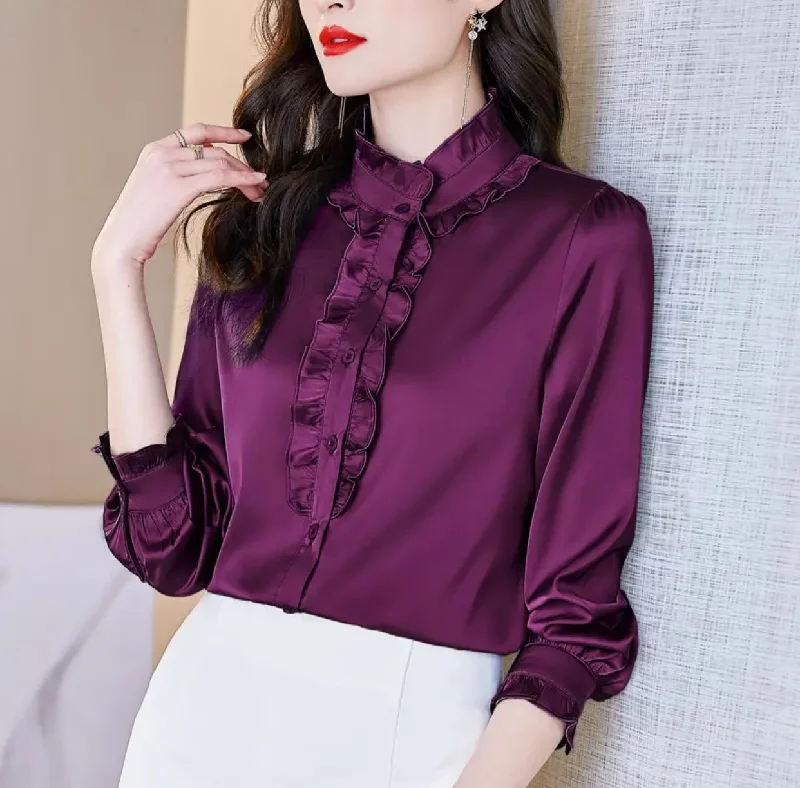 Women's shirt dress slate grey -Women Satin Shirt Ruffles Turtleneck Long Sleeve S S4710736