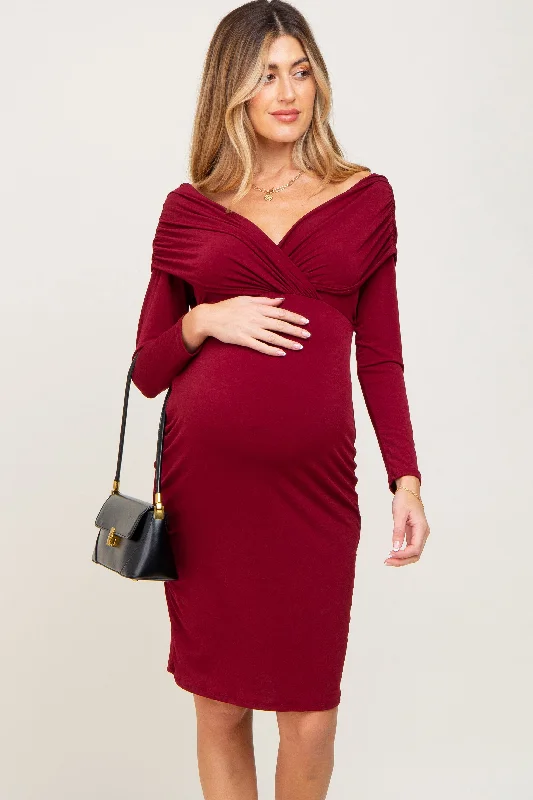 Women's maternity dress adjustable -Burgundy Ruched Off Shoulder Long Sleeve Maternity Dress