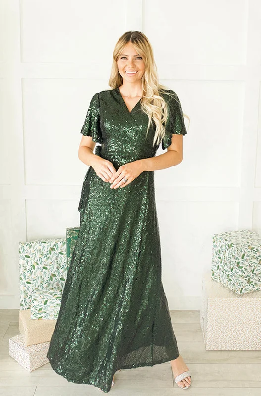 Women's maternity dress backless -Aria Hunter Green Sequin Dress - DM Exclusive - Nursing Friendly - Maternity Friendly - FINAL SALE