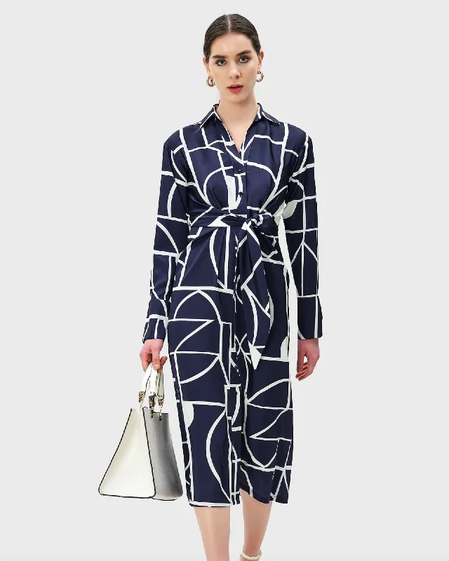 Women's shirt dress bold navy -Graphic Print Satin Vented Shirtdress | Deep Navy