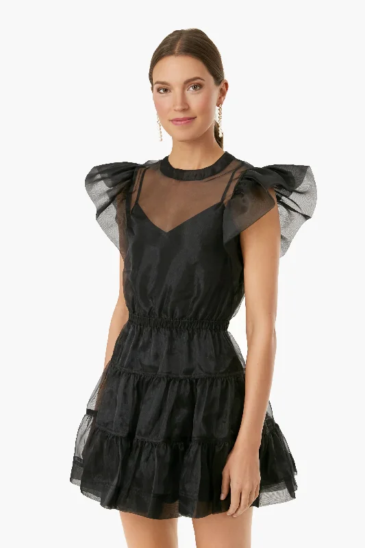 Ladies mini dress square neck -Black Monique Organza Ruffle Sleeve Mini Dress