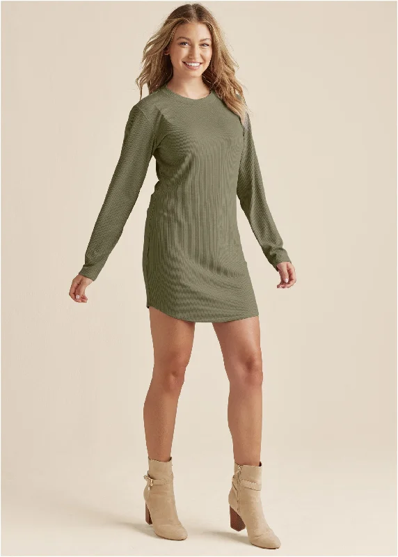 Women's shirt dress summer denim -Ribbed T-Shirt Dress - Olive