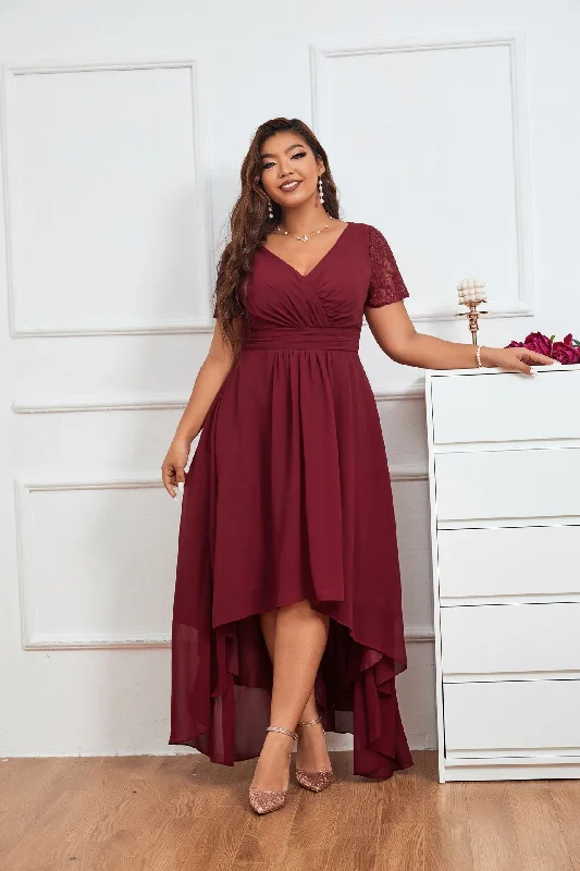 Ladies party dress crystal embellished -TastyHottie - Lace Burgundy Plus Size Asymmetrical Party Dress