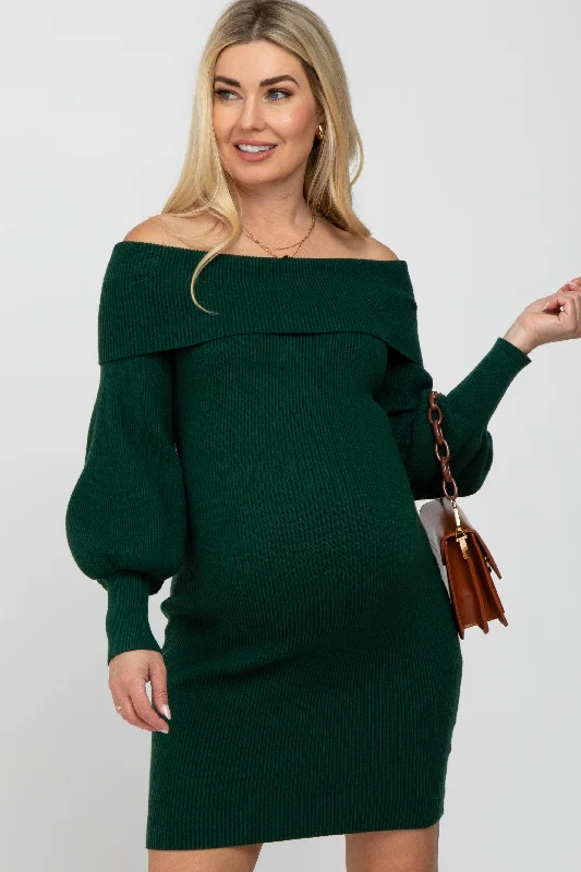 Women's maternity dress pastel pink -Forest Green Off Shoulder Bubble Sleeve Maternity Sweater Dress