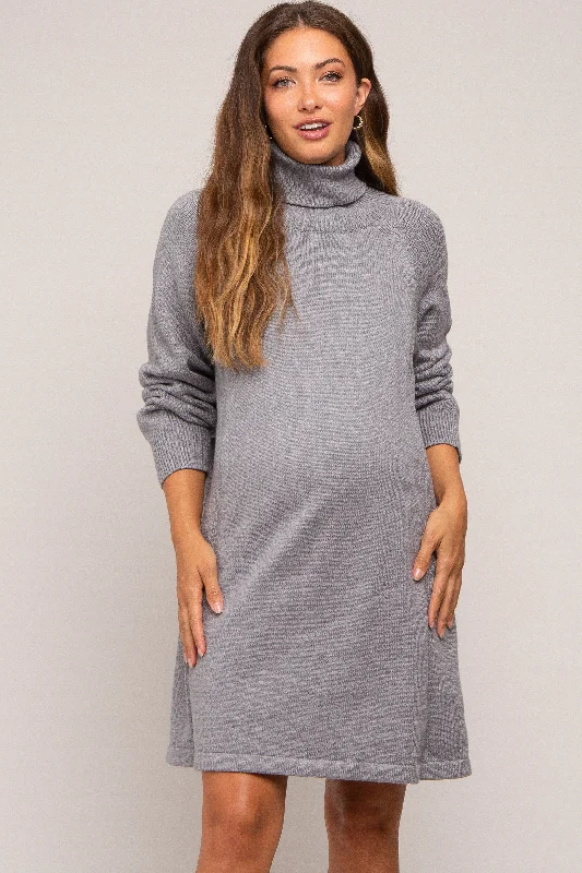 Women's maternity dress zip up -Grey Knit Turtleneck Maternity Sweater Dress