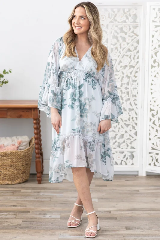 Women's midi dress rustic -Dusty Teal Floral Print Long Sleeve Midi Dress