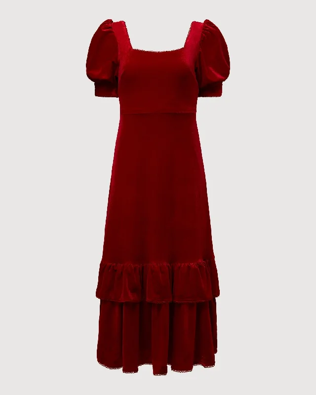 Women's midi dress summer -Rachel Parcell | Puff Sleeve Peplum Skirt Midi Dress | Cherry Red