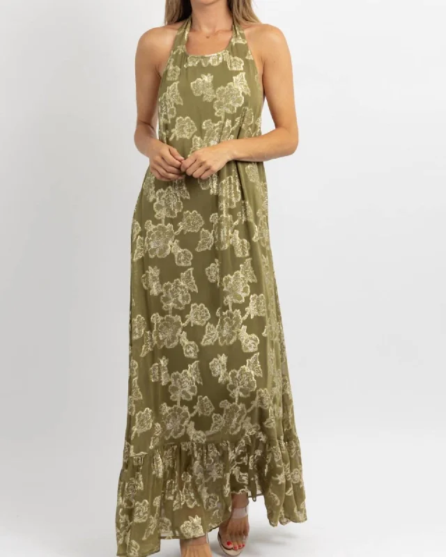 Ladies maxi dress abstract -Halter Maxi Dress In Andie Olive, Gold | Andie Olive, Gold