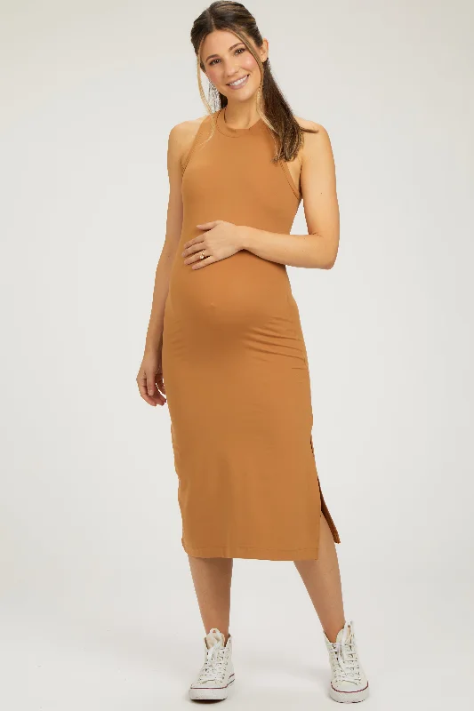 Women's maternity dress geometric -Camel Sleeveless Racerback Bodycon Maternity Dress