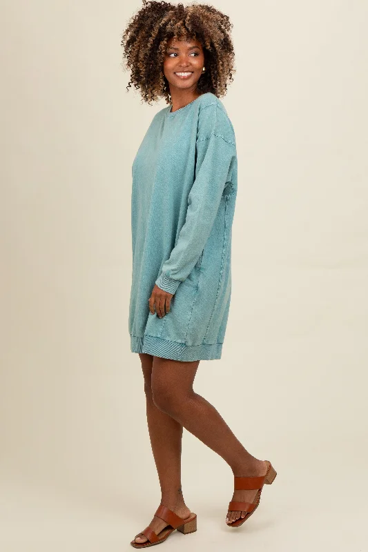 Women's shirt dress tailored fit -Teal Mineral Wash Sweatshirt Dress