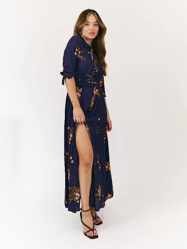 Women's shirt dress workday style -Daphne Belted Shirt Dress / Navy Floral Print