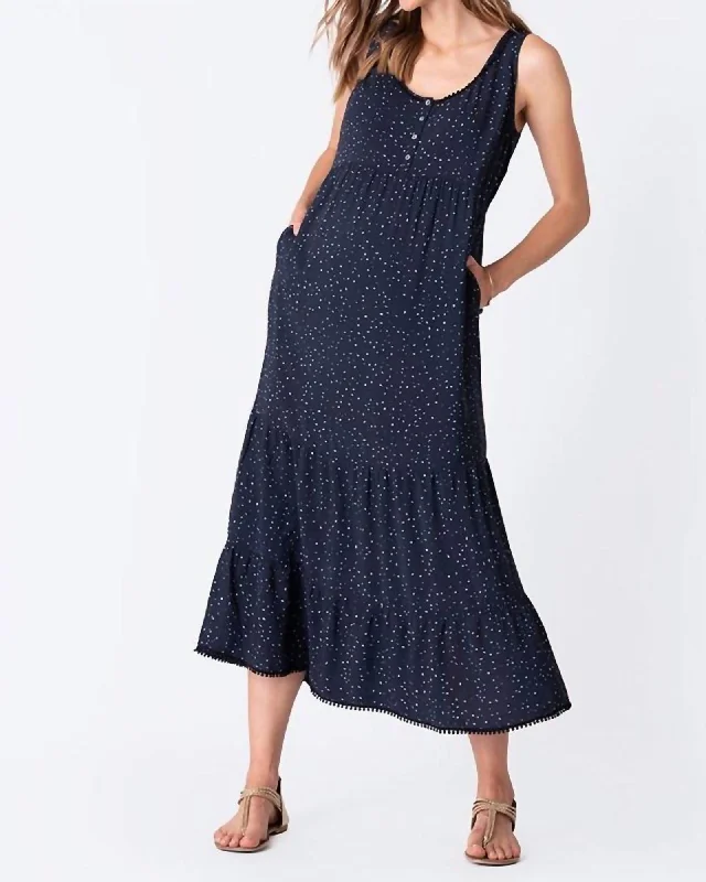 Ladies maxi dress bold pattern -Tiered Maternity Maxi Dress In Navy | Navy