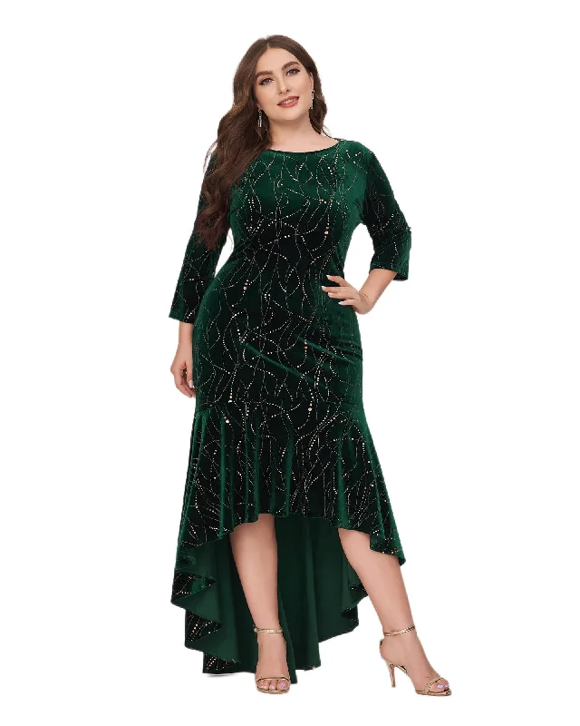 Ladies party dress smocked -Women's Stylish Bodycon High-Low Velvet Party Dress | Dark Green