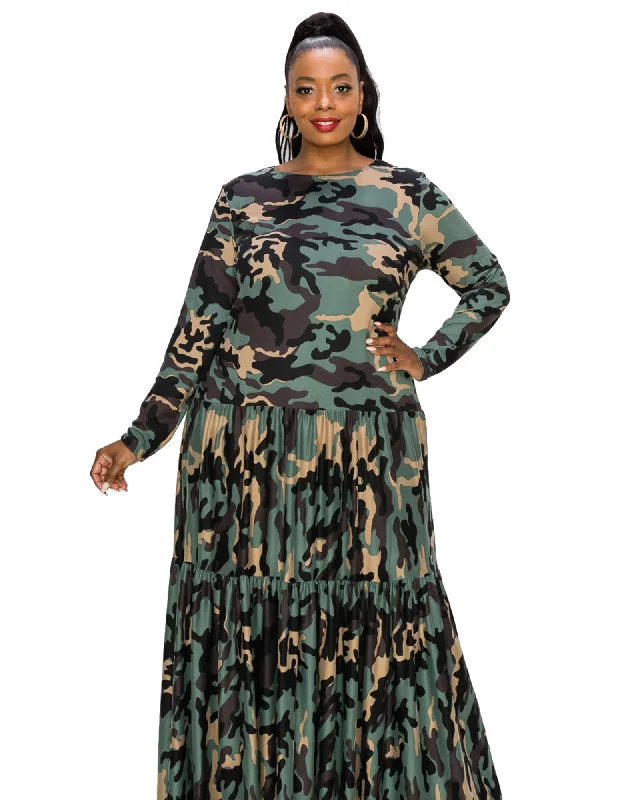 Ladies maxi dress elegant -Silvestra Camo Tiered Maxi Dress | Olive Taupe