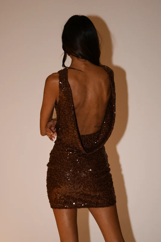 Ladies mini dress knotted -Anastasia Sequin Mini Dress - Chocolate