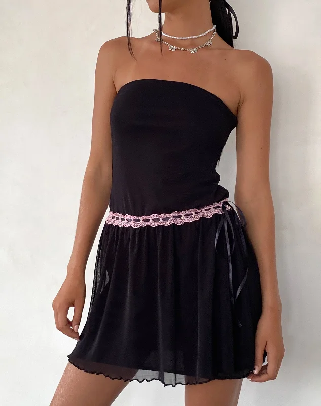 Ladies mini dress square neck -Cleodora Bandeau Mesh Mini Dress in Black with Pink Waistband