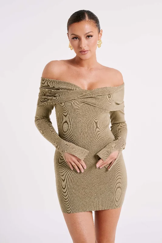 Ladies mini dress cocoon -Clover Off Shoulder Knit Mini Dress - Olive