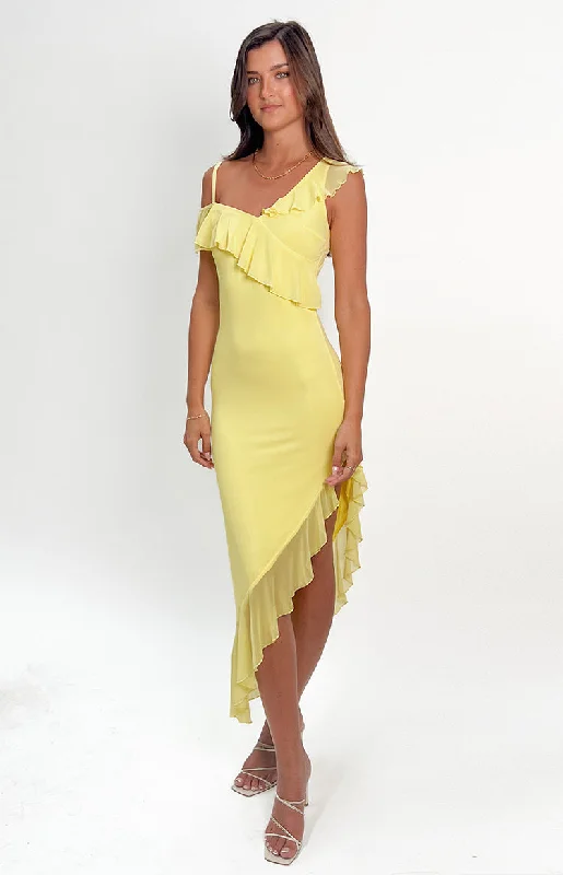 Women's midi dress earth tone -Everleene Yellow Ruffle Mesh Midi Dress