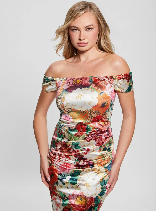 Ladies mini dress bright -Floral Print Off Shoulder Camila Mini Dress