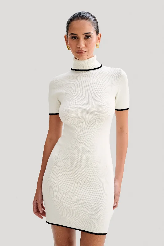 Ladies mini dress lace -Hayley Turtleneck Contrast Knit Mini Dress - Ivory