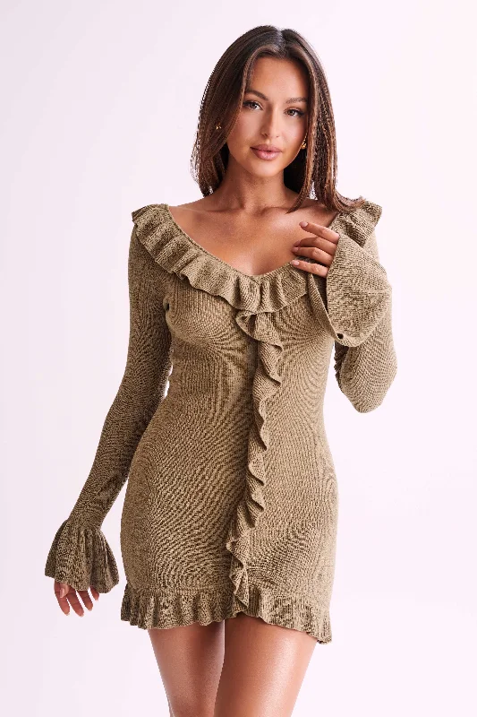 Ladies mini dress pleated -Karolina Knit Mini Dress With Frill - Olive