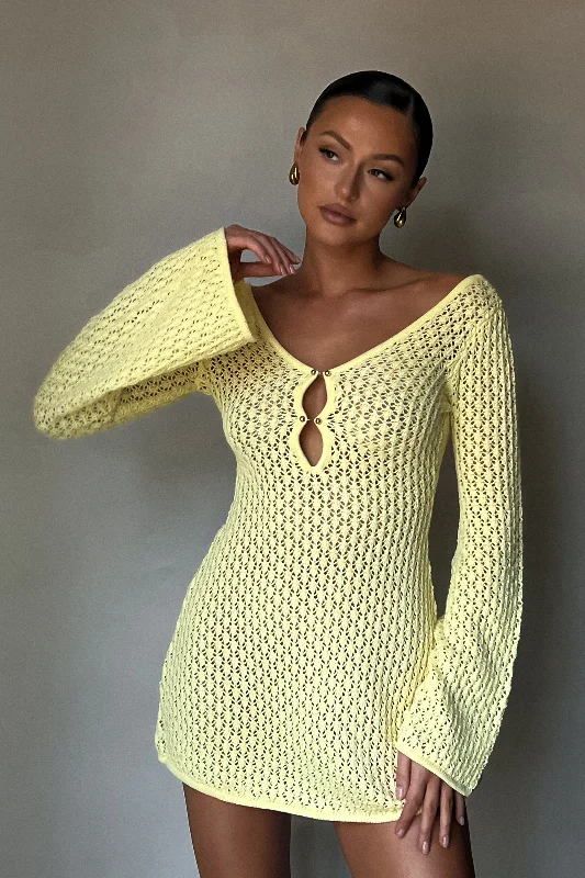 Ladies mini dress mandarin collar -Kayleigh Crochet Knit Mini Dress - Lemon