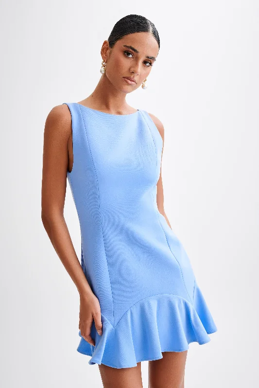 Ladies mini dress gathering -Leonora Sleeveless Suiting Mini Dress With Ruffle - Iris Blue